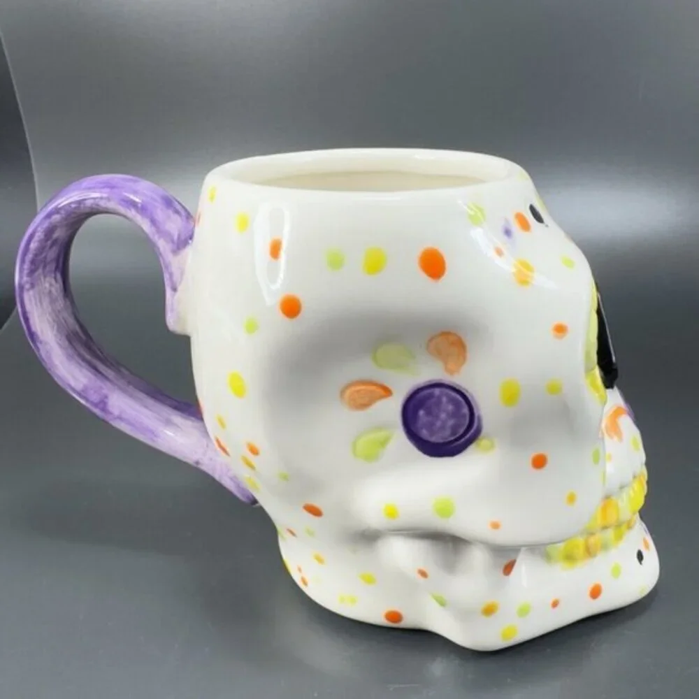 Hand Painted Skull Shaped Large Ceramic Mug Cup‎ Artist Signed Day Of The Dead